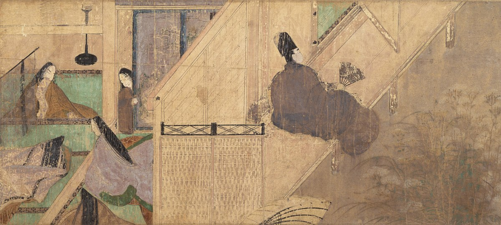 Between 1120 and 1140, an illustrated scroll of a scene from the Tale of Genji