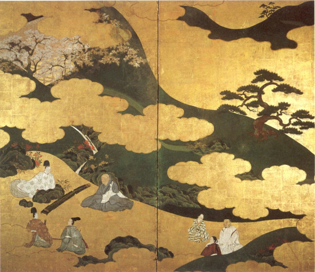 Genji Monogatari (Tale of Genji), ink and color on gold paper mounted as a two-panel screen attributed to Tosa Mitsuyoshi, 16th or early 17th century Japanese, Honolulu Academy of Arts
