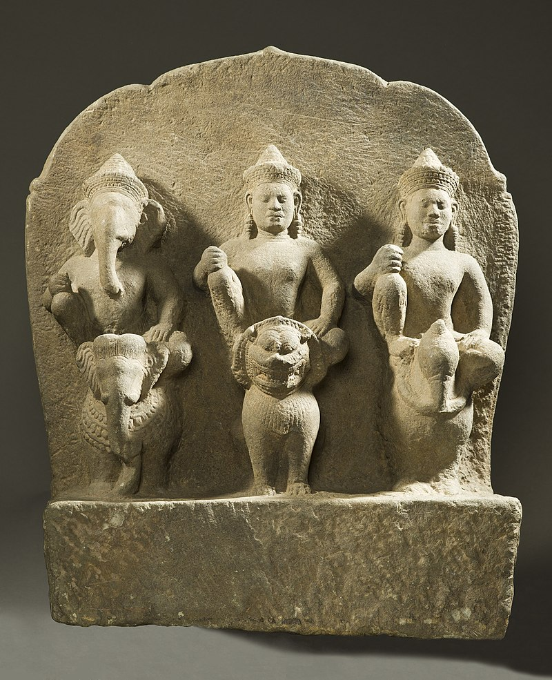 The Hindu Gods Ganesha, Shiva, and Karttikeya on Their Mounts. Cambodia, 10th century.  Sandstone.  Los Angeles County Museum of Art, 1982