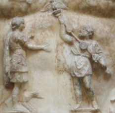 Detail of the Augustus of Prima Porta (Vatican Museums, Rome) showing a Parthian man returning the eagle standards to Augustus after they were lost by Crassus at the Battle of Carrhae in 53 BC.  Original by Andreas Wahra, new version by Till Niermann - Image:Statue-Augustus.jpg, CC BY-SA 3.0