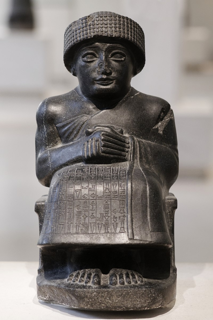 Statue of Gudea I, dedicated to the god Ningishzida; 2120 BC (the Neo-Sumerian period);  Louvre