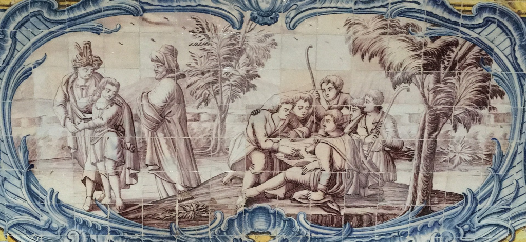 Detail of tile in the Refectory of the Jeronimos Monastery, Lisbon, Portugal, portraying Joseph sold by his brothers. By Dauster, CC BY-SA 4.0