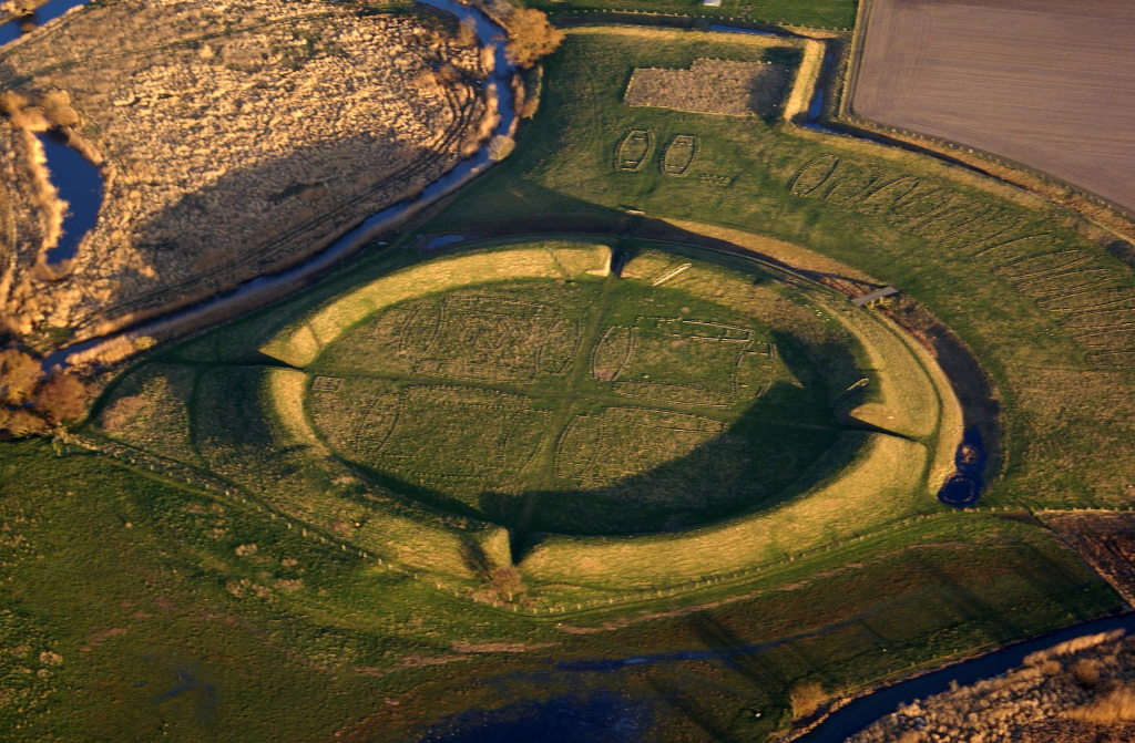 Aerial view of the Viking ring fortress of Trelleborg, near Slagelse in Denmark. This was the first discovered Viking ring fortress, and the geometry is clearly visible. By Thue C. Leibrandt, CC BY-SA 3.0