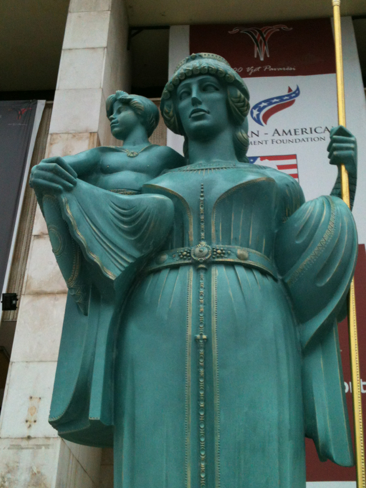 Statue of Illyrian Queen Teuta with her stepson Pinnes in Tirana, capital of Albania. By Bardhyl222, CC BY-SA 3.0