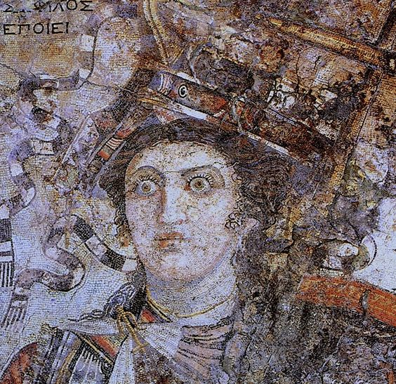 Mosaic from Thmuis, Egypt, created by the Hellenistic artist Sophilos (signature) in about 200 BC, now in the Greco-Roman Museum in Alexandria, Egypt. The woman depicted in the mosaic is the Ptolemaic Queen Berenice II (who ruled jointly with her husband Ptolemy III) as the personification of Alexandria. Late 3rd century BC.