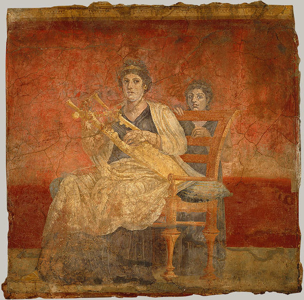 Seated cithara player with girl behind. Wall painting in Room H of the Roman Villa of P. Fannius Synistor at Boscoreale, Italy. The Villa Boscoreale was probably built shortly after the middle of the first century BC. It burned in the eruption of Mount Vesuvius in AD 79 and was rediscovered in 1900. It most likely represents Berenice II of Ptolemaic Egypt wearing a stephane (i.e. royal diadem) on her head (50 BC - AD 79)
